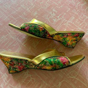 Vintage Gold Brocade Wedge Sandals Slides